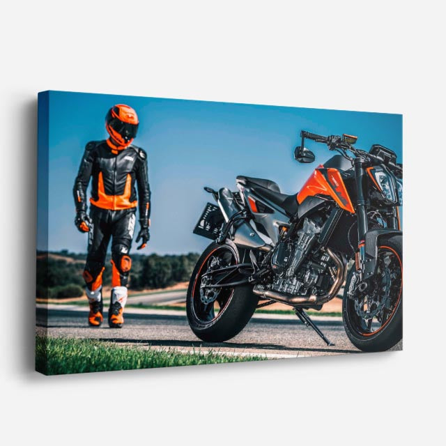 cuadro canvas vehículos ktm naranja piloto en ruta horizontal