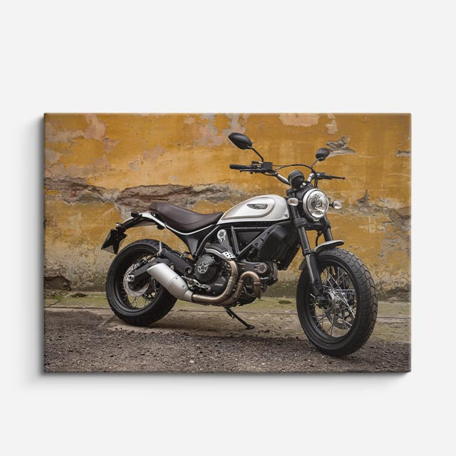 cuadro canvas vehículos scrambler gris suelo de madera horizontal