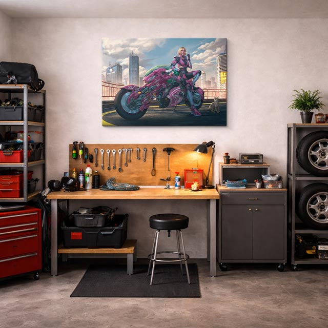 cuadro canvas vehículos guerrera neon moto futurista horizontal