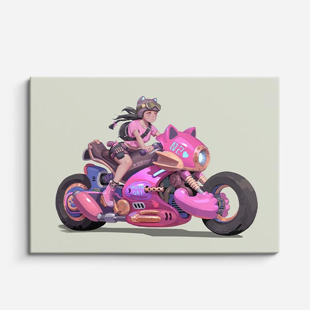 cuadro canvas vehículos piloto rosa moto kawaii horizontal