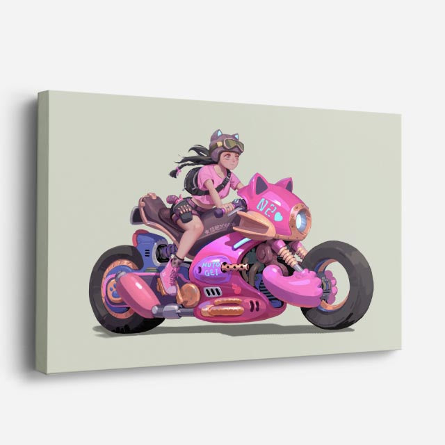 cuadro canvas vehículos piloto rosa moto kawaii horizontal
