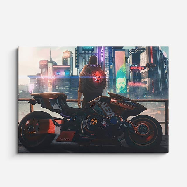 cuadro canvas vehículos rider cyberpunk ciudad neon horizontal