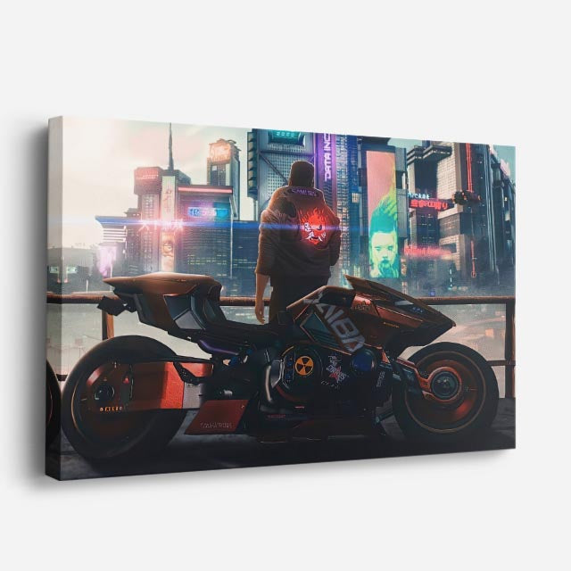 cuadro canvas vehículos rider cyberpunk ciudad neon horizontal
