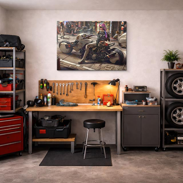 cuadro canvas vehículos rider cyberpunk moto flotante horizontal