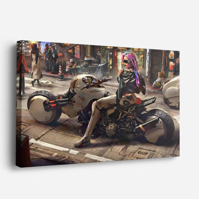 cuadro canvas vehículos rider cyberpunk moto flotante horizontal