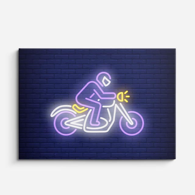 cuadro canvas vehículos moto neon morada pared azul horizontal