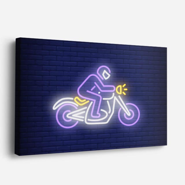cuadro canvas vehículos moto neon morada pared azul horizontal