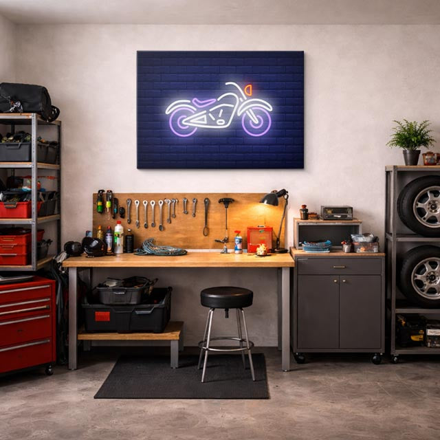 cuadro canvas vehículos chopper neon blanca pared azul horizontal