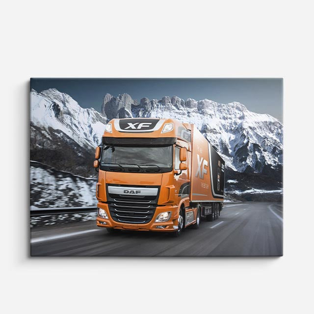 cuadro canvas vehículos daf naranja cumbres nevadas horizontal