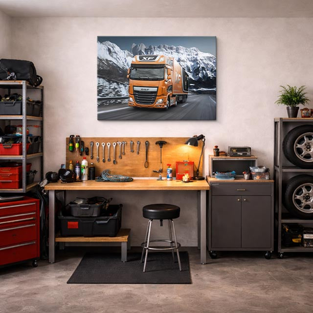 cuadro canvas vehículos daf naranja cumbres nevadas horizontal
