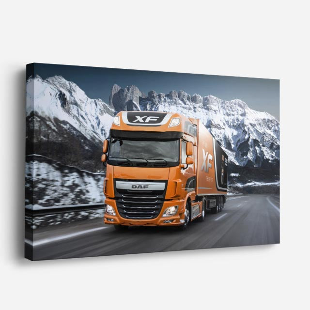 cuadro canvas vehículos daf naranja cumbres nevadas horizontal