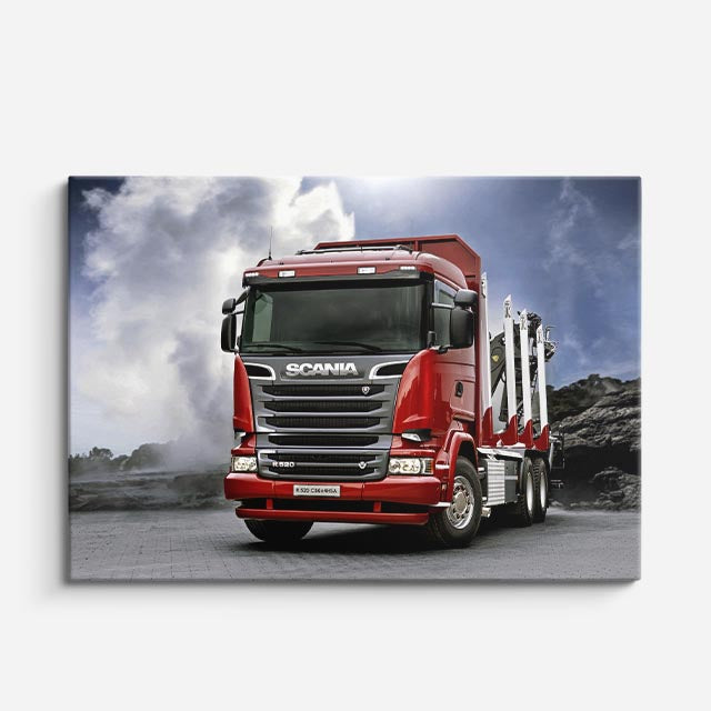 cuadro canvas vehículos scania rojo bajo nubes oscuras horizontal