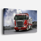 cuadro canvas vehículos scania rojo bajo nubes oscuras horizontal