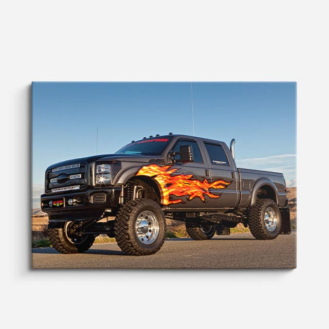 cuadro canvas vehículos pickup naranja llamas dragón horizontal