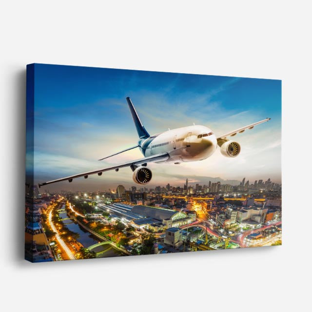 cuadro canvas vehículos avión blanco ciudad de noche horizontal