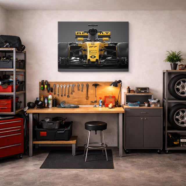 cuadro canvas vehículos renault f1 amarillo en pista horizontal