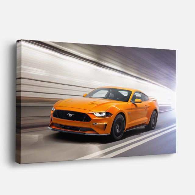 cuadro canvas vehículos mustang naranja en movimiento horizontal