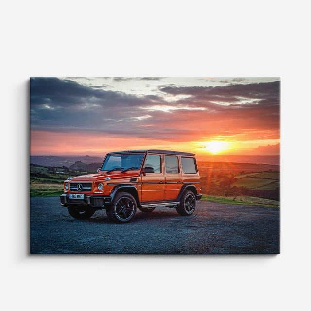 cuadro canvas vehículos mercedes g63 naranja atardecer horizontal