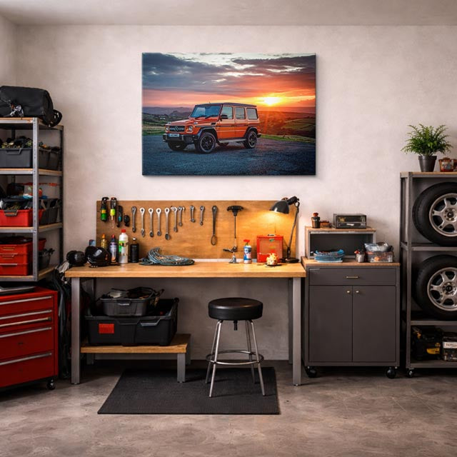 cuadro canvas vehículos mercedes g63 naranja atardecer horizontal