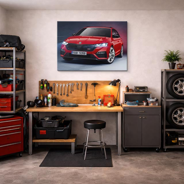 cuadro canvas vehículos skoda roja ciudad nocturna horizontal
