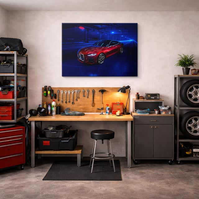 cuadro canvas vehículos bmw m8 rojo luces azules horizontal