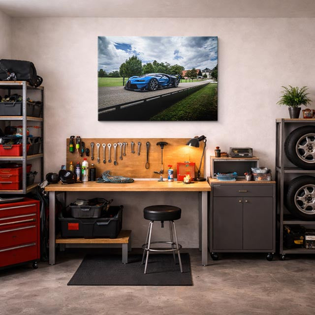 cuadro canvas vehículos bugatti chiron azul pista horizontal