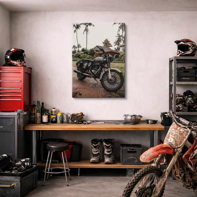 cuadro canvas vehículos scrambler café palmeras vertical
