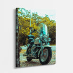 cuadro canvas vehículos scrambler azul teal al sol vertical