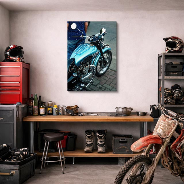 cuadro canvas vehículos chopper azul empedrado nocturno vertical