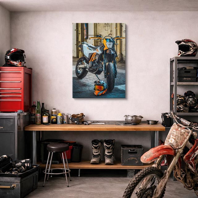 cuadro canvas vehículos scrambler teal detalles naranja vertical