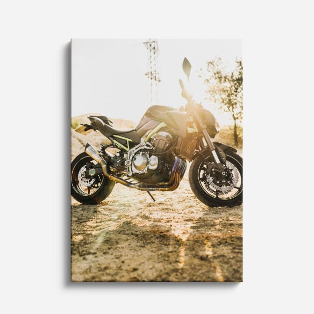 cuadro canvas vehículos scrambler café atardecer dorado vertical