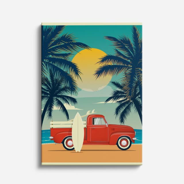 cuadro canvas vehículos postal retro pickup playa vertical