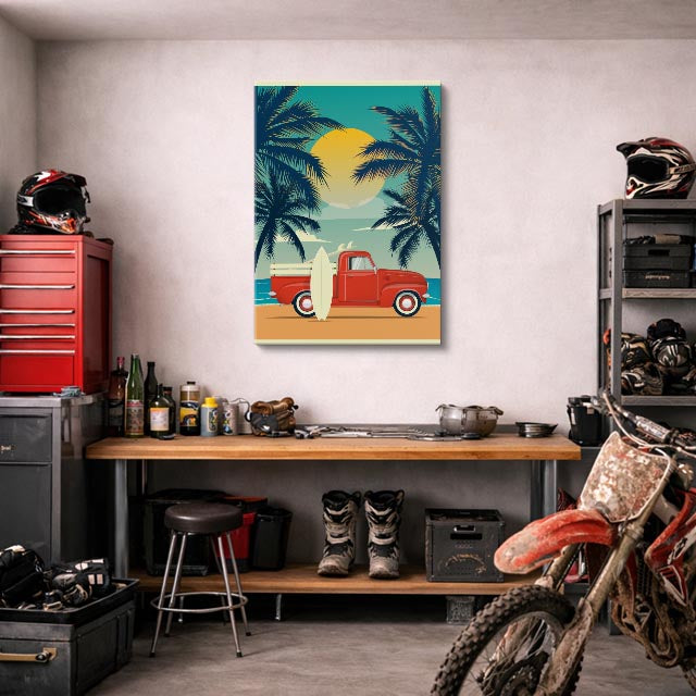 cuadro canvas vehículos postal retro pickup playa vertical