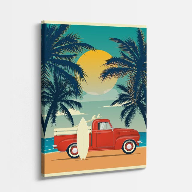 cuadro canvas vehículos postal retro pickup playa vertical