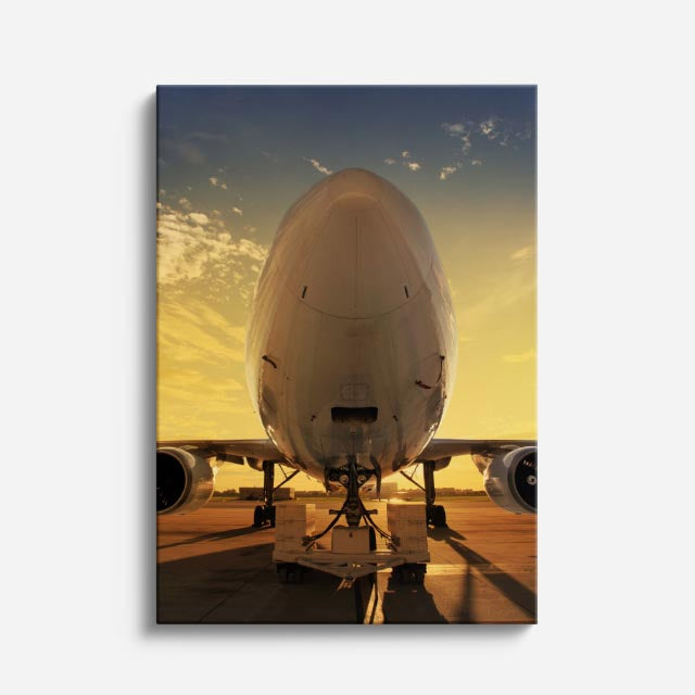 cuadro canvas vehículos avión carga atardecer dorado vertical