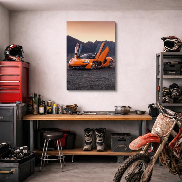 cuadro canvas vehículos mclaren naranja ciudad azul vertical