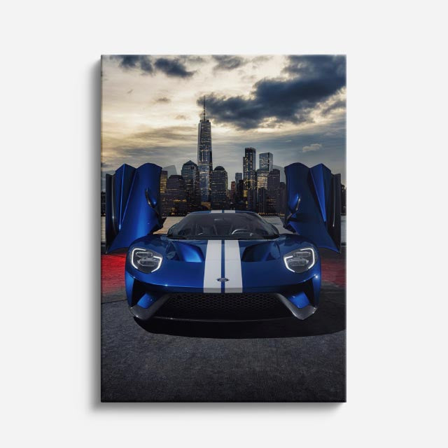 cuadro canvas vehículos mustang azul ciudad nocturna vertical