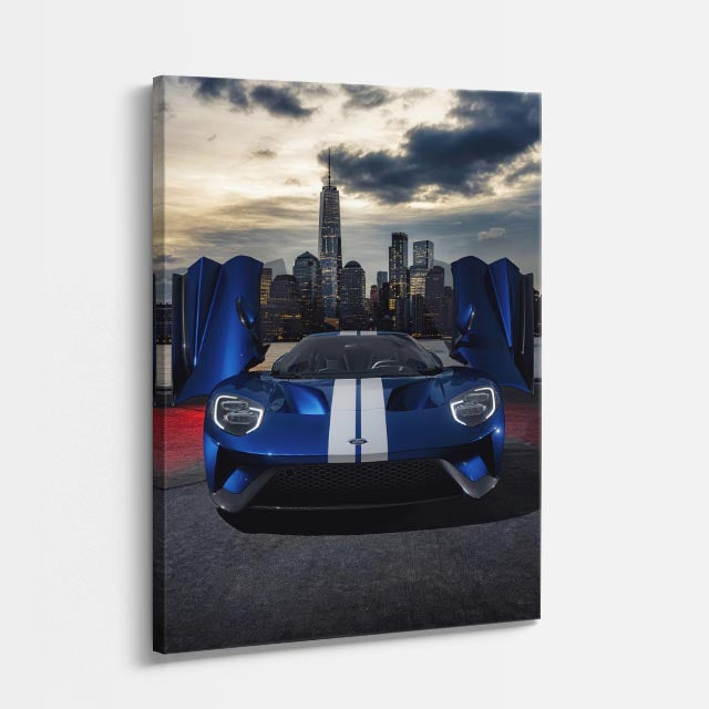 cuadro canvas vehículos mustang azul ciudad nocturna vertical