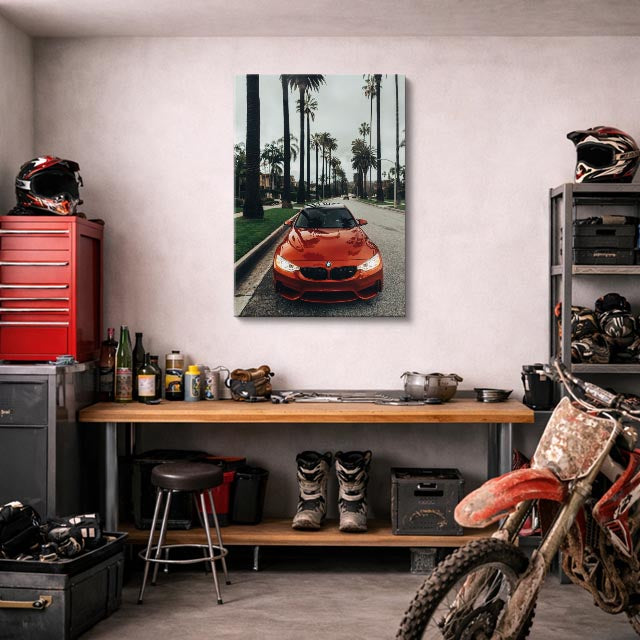 cuadro canvas vehículos bmw rojo palmeras vertical