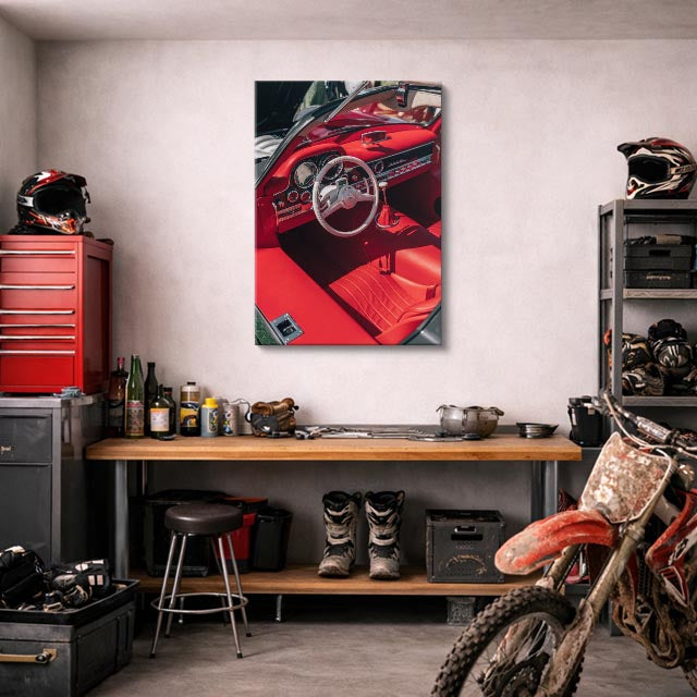 cuadro canvas vehículos interior rojo detalle cuero vertical