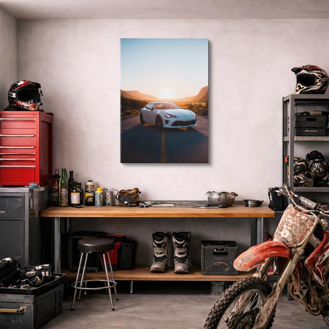 cuadro canvas vehículos auto blanco montaña atardecer vertical