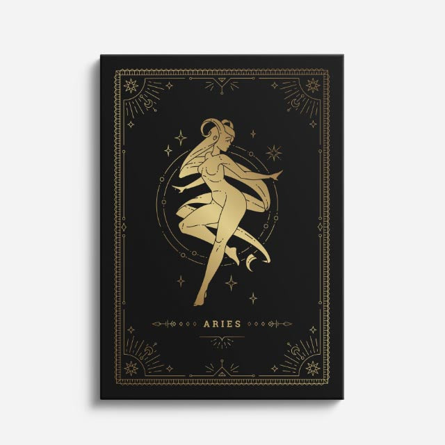 cuadro canvas astrología y zodiaco aries dorado fuerza del fuego vertical