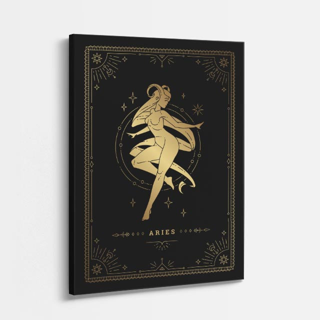 cuadro canvas astrología y zodiaco aries dorado fuerza del fuego vertical