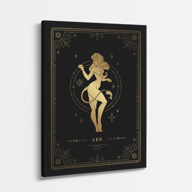 cuadro canvas astrología y zodiaco leo dorado corona del sol vertical