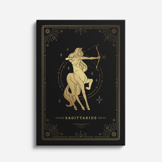 cuadro canvas astrología y zodiaco sagitario dorado flecha al infinito vertical