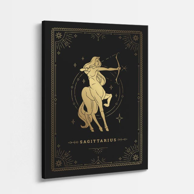 cuadro canvas astrología y zodiaco sagitario dorado flecha al infinito vertical