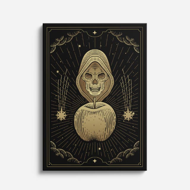 cuadro canvas astrología y zodiaco muerte dorada con manzana vertical