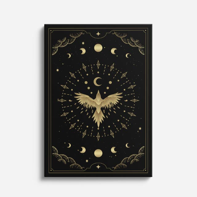 cuadro canvas astrología y zodiaco fénix dorado fases de la luna vertical