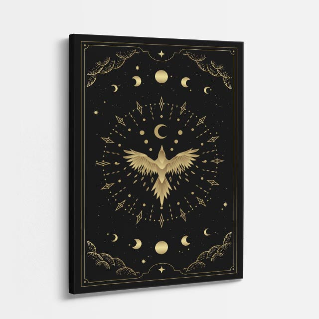 cuadro canvas astrología y zodiaco fénix dorado fases de la luna vertical