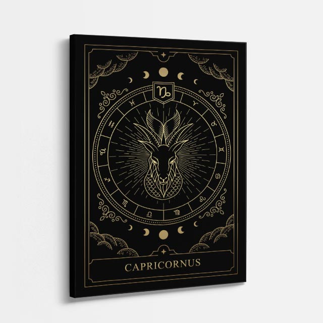 cuadro canvas astrología y zodiaco capricornio rueda zodiacal dorada vertical